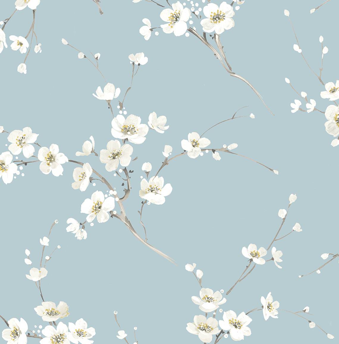 Sky blue floral wallpaper with white blossoming branches and delicate buds