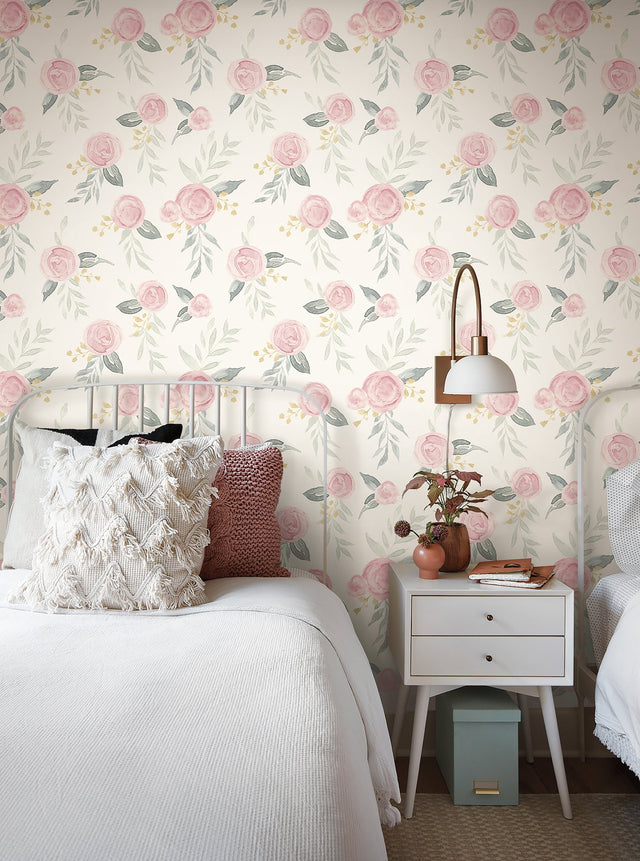 Watercolor Roses Pink Peel & Stick Wallpaper with Botanical Floral Pattern - York PSW1010RL