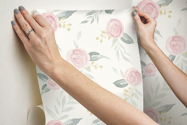 Watercolor Roses Pink Peel & Stick Wallpaper with Botanical Floral Pattern - York PSW1010RL