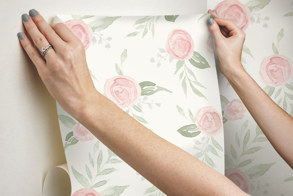 Magnolia Home Watercolor Roses Coral Peel & Stick Wallpaper with Botanical Floral Motif - York PSW1013RL