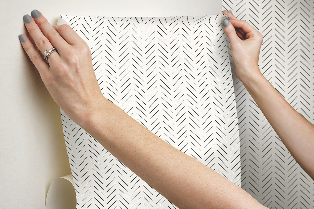Pick-Up Sticks Black Peel & Stick Wallpaper with Herringbone Stripe - York PSW1020RL