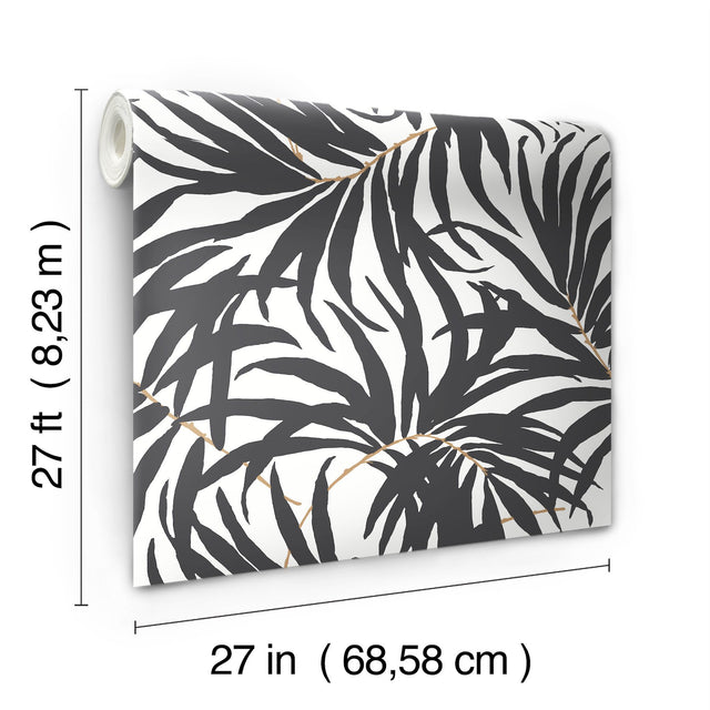 Bali Leaves Black Peel & Stick Wallpaper with Bohemian Palm Leaf Pattern - York PSW1029RL