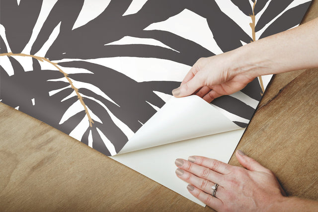 Bali Leaves Black Peel & Stick Wallpaper with Bohemian Palm Leaf Pattern - York PSW1029RL