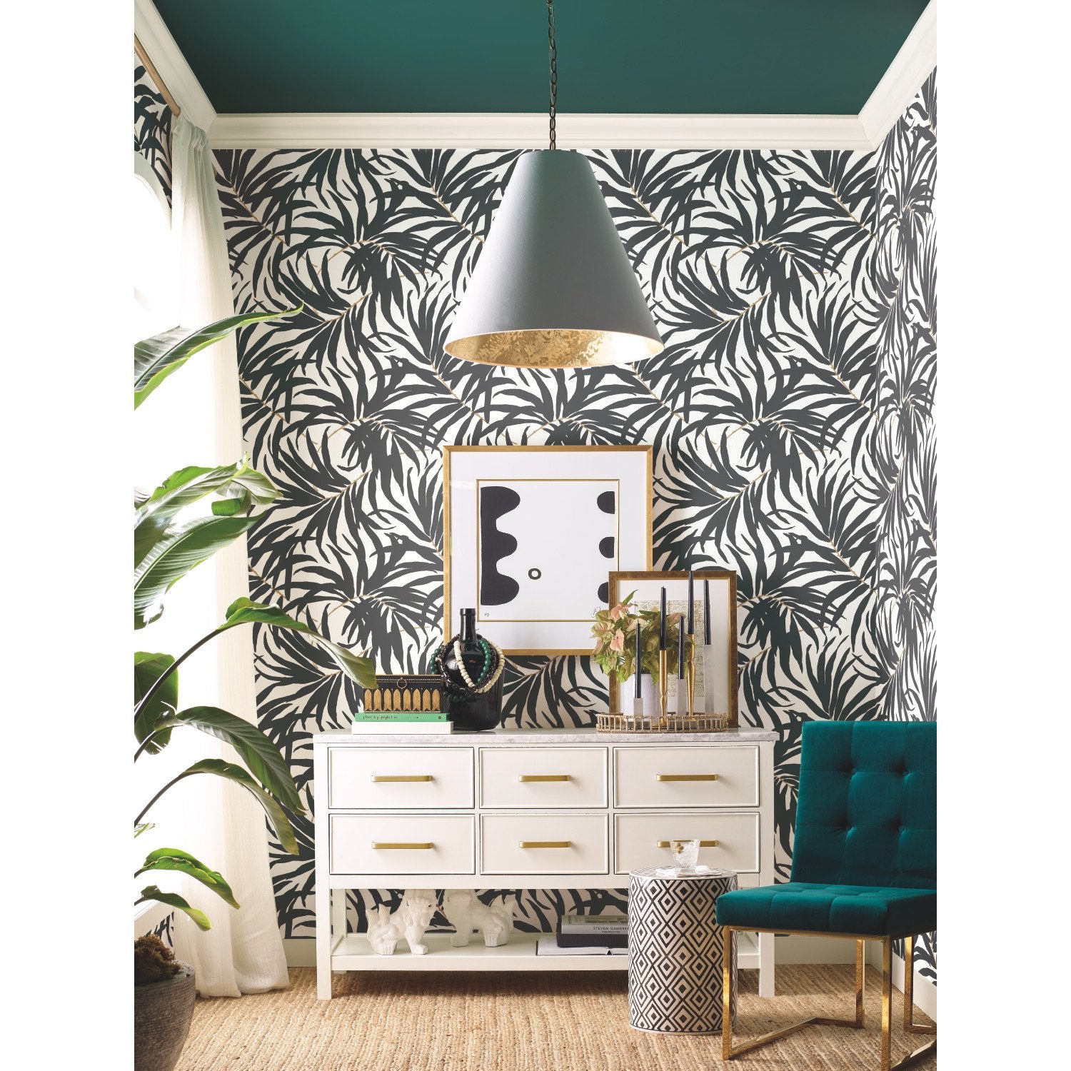 Bali Leaves Black Peel & Stick Wallpaper with Bohemian Palm Leaf Pattern - York PSW1029RL