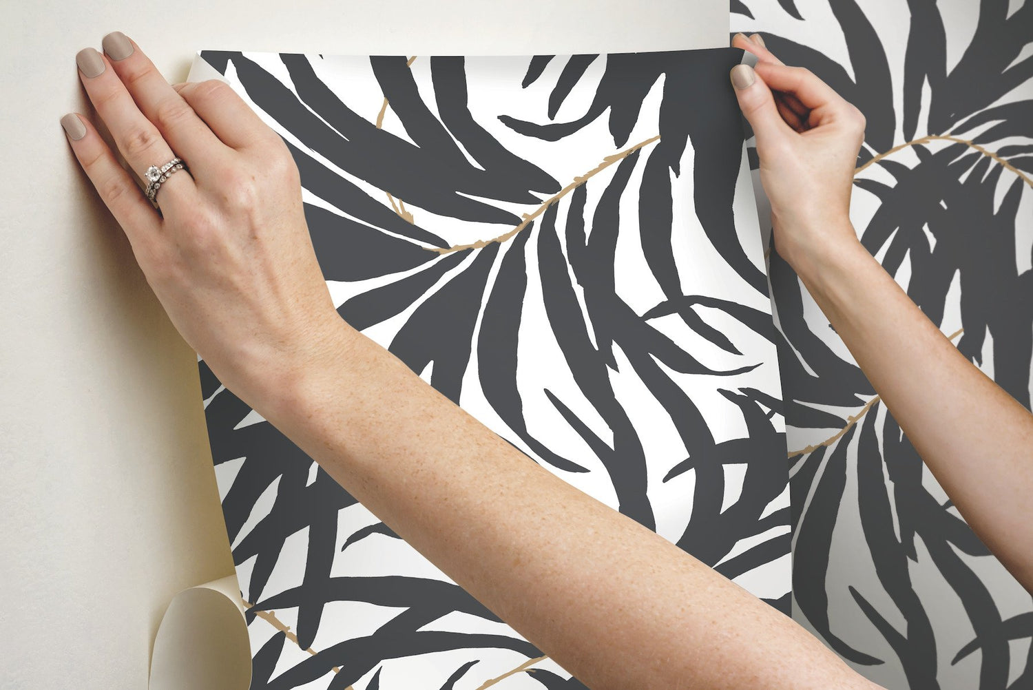 Bali Leaves Black Peel & Stick Wallpaper with Bohemian Palm Leaf Pattern - York PSW1029RL