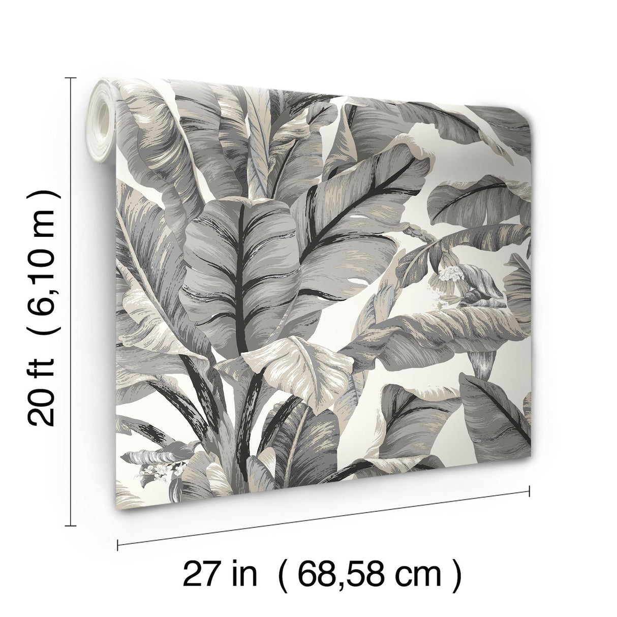 Banana Leaf White & Black Peel & Stick Wallpaper with Botanical Tropical Motif - York PSW1037RL