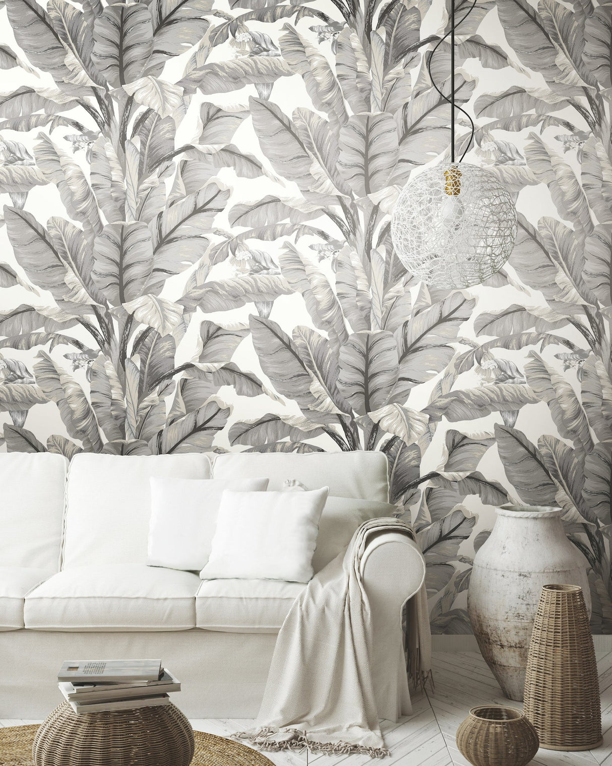 Banana Leaf White & Black Peel & Stick Wallpaper with Botanical Tropical Motif - York PSW1037RL