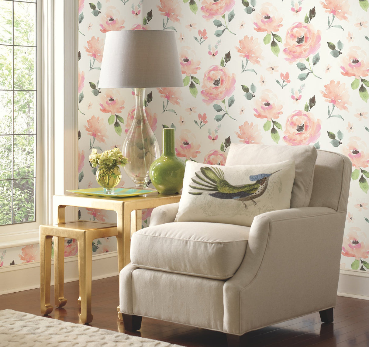 Watercolor Blooms Coral Peel & Stick Wallpaper with Botanical Watercolor Floral - York PSW1073RL