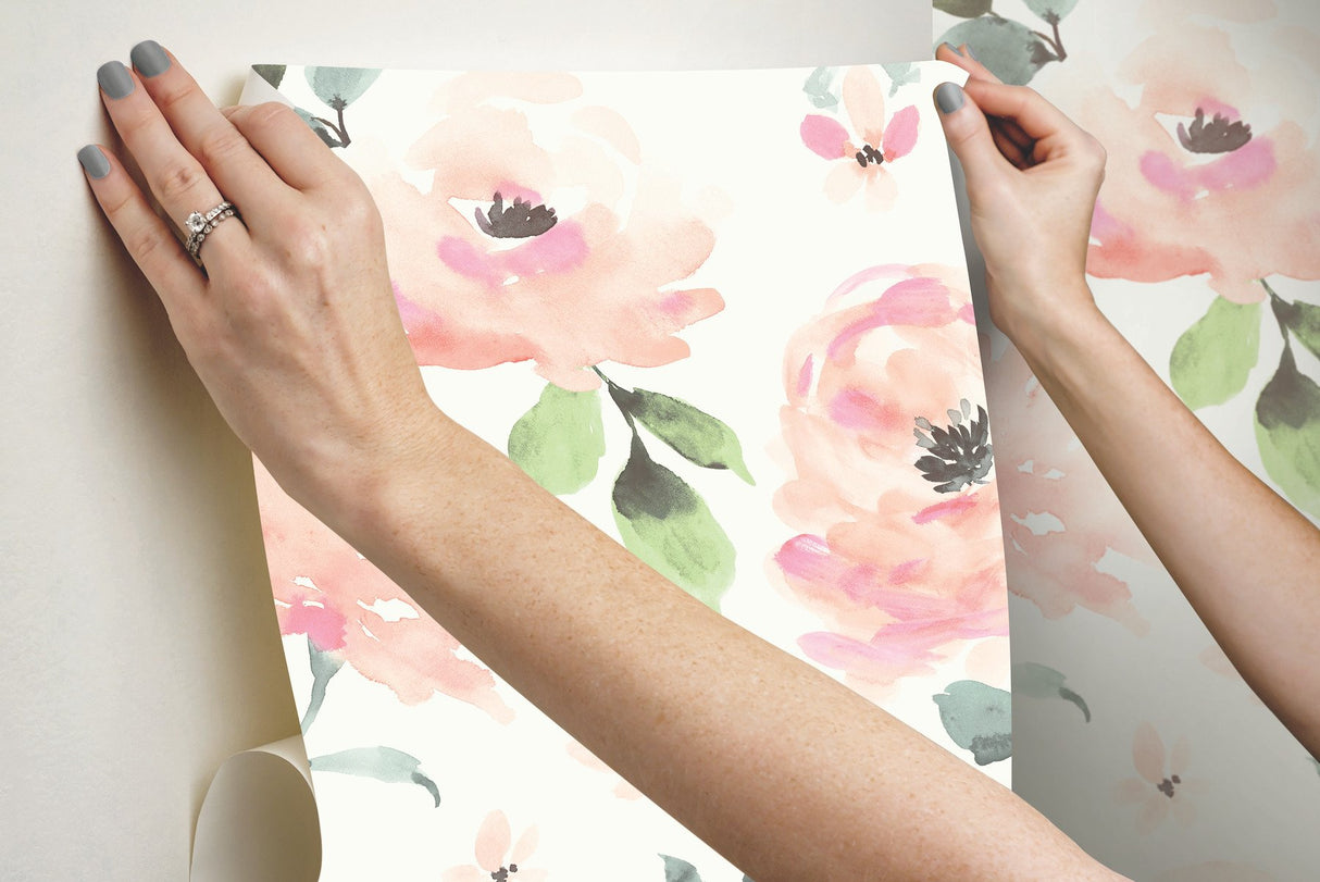 Watercolor Blooms Coral Peel & Stick Wallpaper with Botanical Watercolor Floral - York PSW1073RL