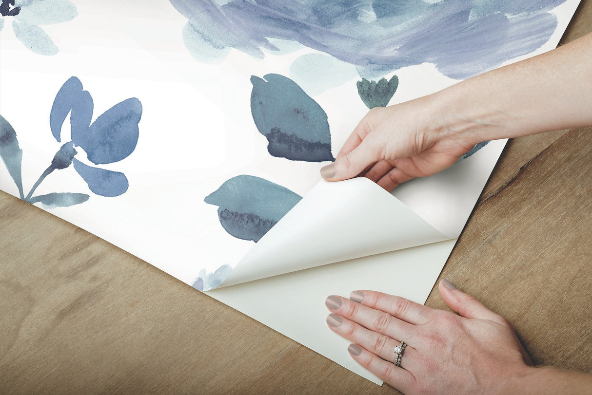 Watercolor Blooms Blue Peel & Stick Wallpaper with Botanical Watercolor Floral Motif - York PSW1074RL