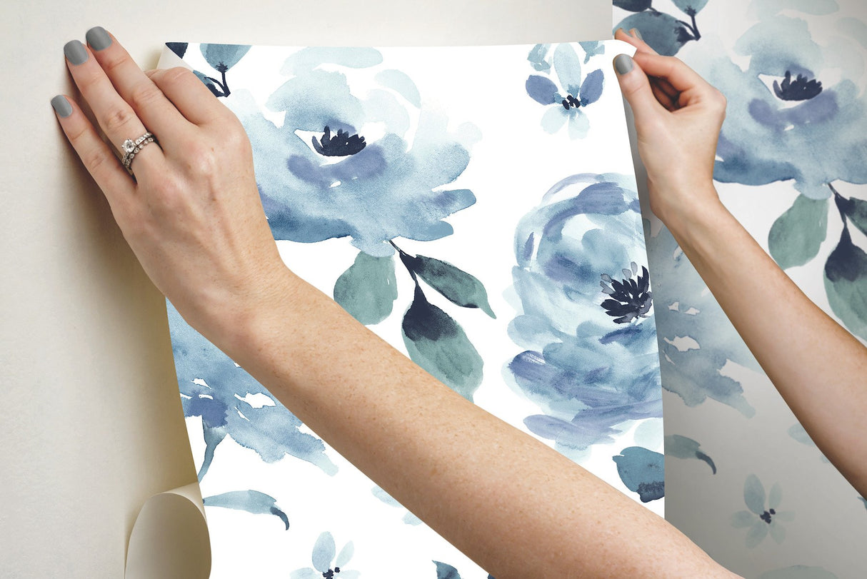 Watercolor Blooms Blue Peel & Stick Wallpaper with Botanical Watercolor Floral Motif - York PSW1074RL