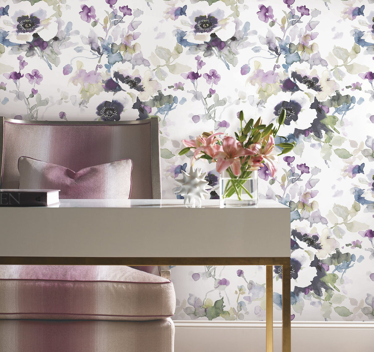 Garden Anemone Lilac & Green Peel & Stick Wallpaper with Botanical Watercolor Style - York PSW1082RL