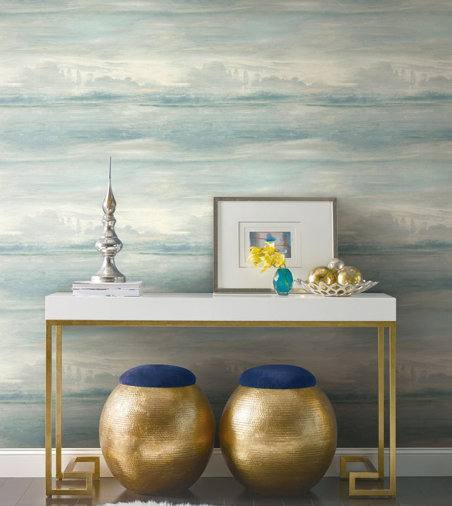 Soothing Mists Scenic Blue Peel & Stick Wallpaper with Abstract Canvas Wash - York PSW1099RL