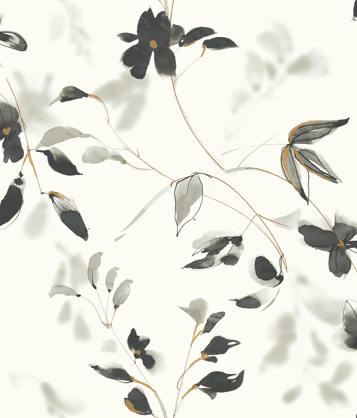 Linden Flower Black Premium Peel & Stick Wallpaper with Botanical Watercolor Vines - York PSW1103RL