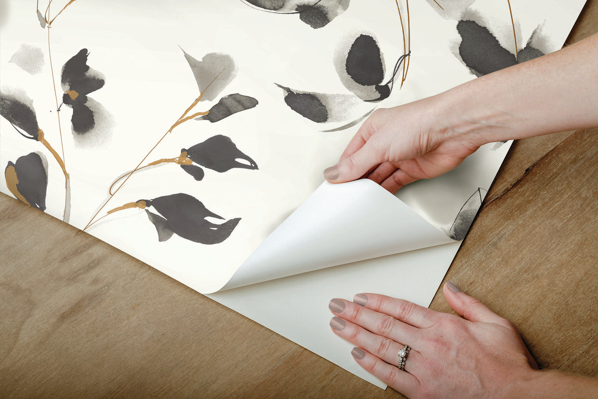 Linden Flower Black Premium Peel & Stick Wallpaper with Botanical Watercolor Vines - York PSW1103RL