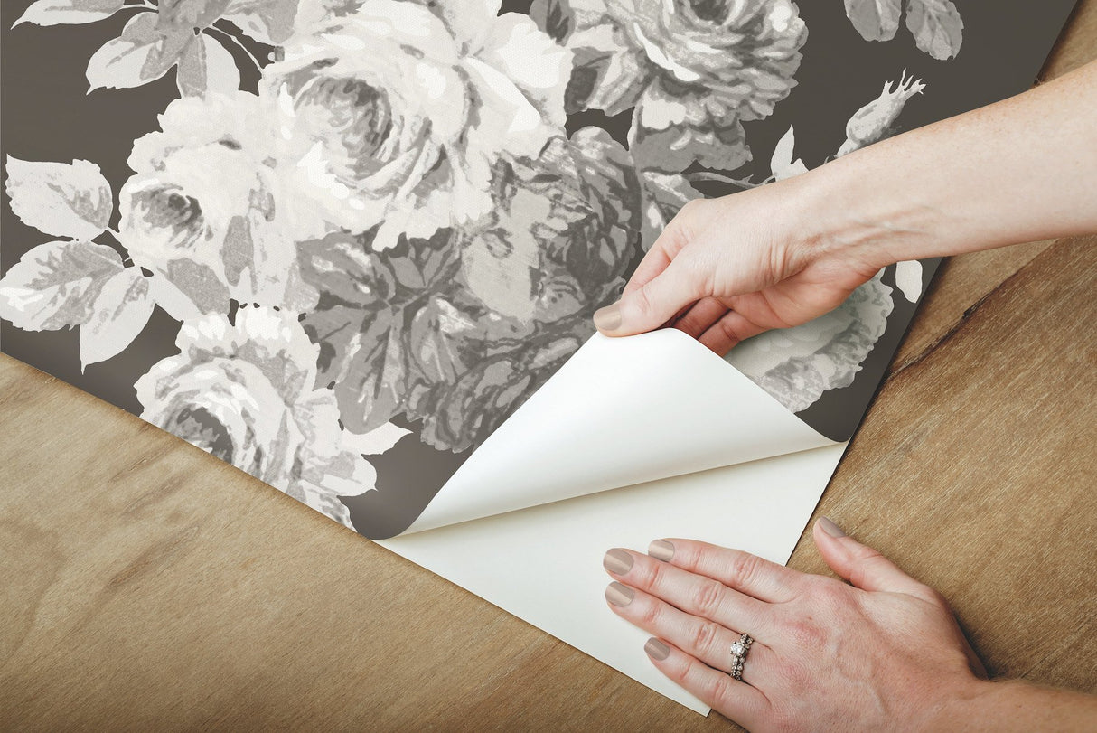 Magnolia Home Tea Rose Black & White Peel & Stick Wallpaper with Floral Rose Motif - York PSW1156RL