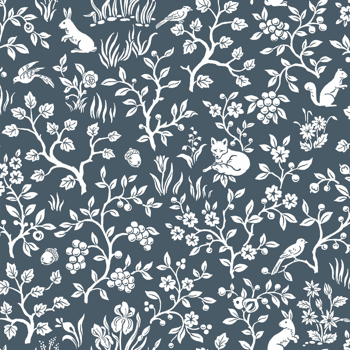 Magnolia Home Fox & Hare Navy Peel & Stick Wallpaper with Whimsical Woodland Animal Toile Pattern - York PSW1166RL