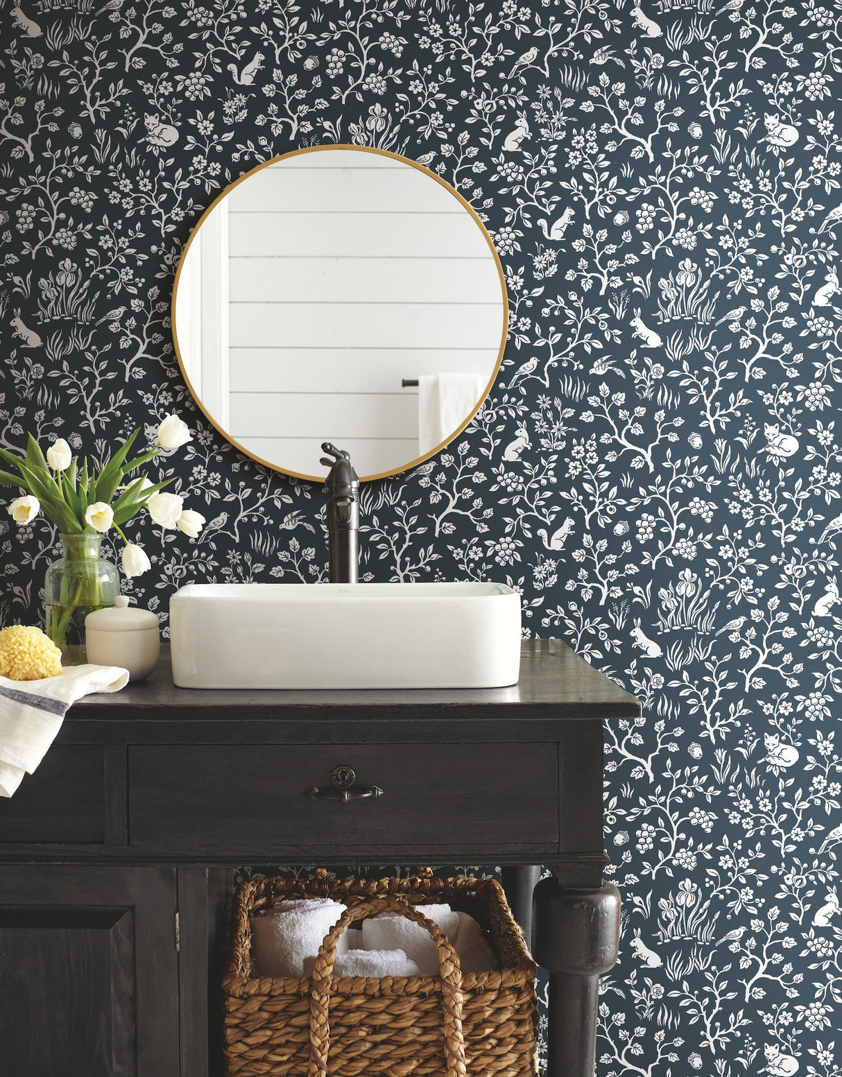 Magnolia Home Fox & Hare Navy Peel & Stick Wallpaper with Whimsical Woodland Animal Toile Pattern - York PSW1166RL