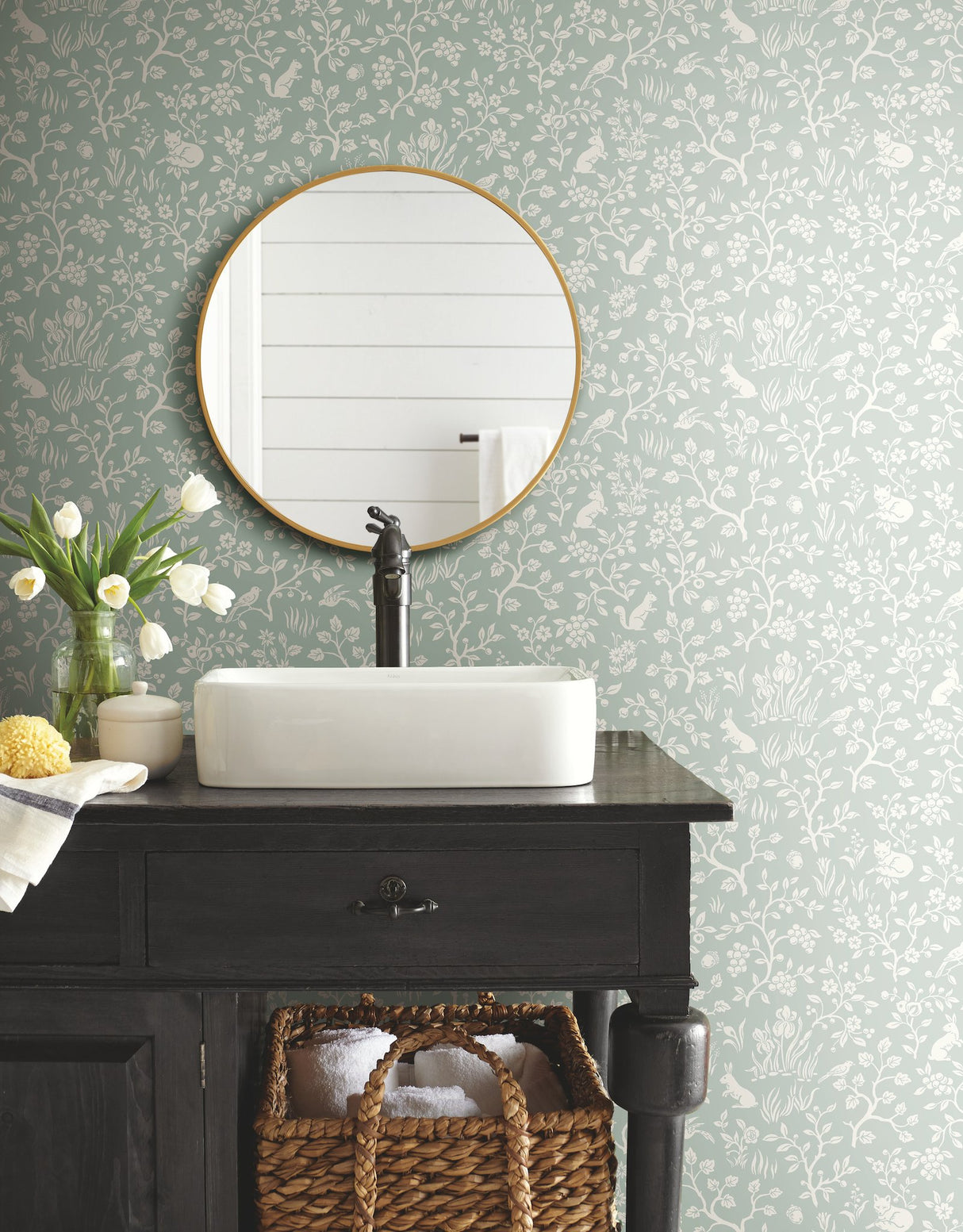 Magnolia Home Fox & Hare Green Peel & Stick Wallpaper with Folklore Animal Motif - York PSW1167RL