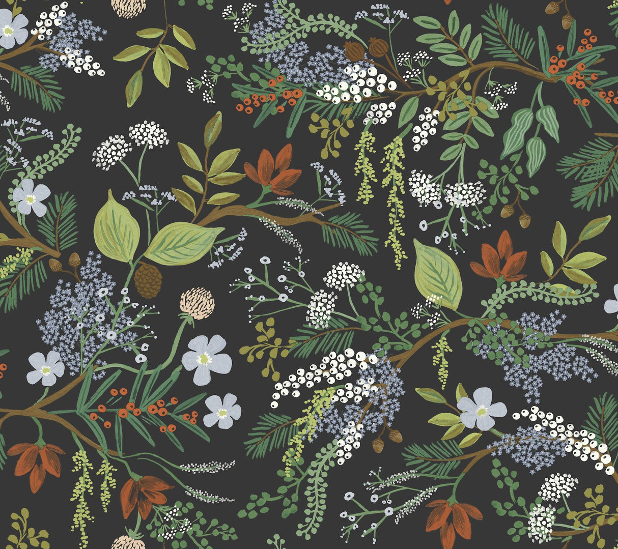 Juniper Forest Black Premium Peel & Stick Wallpaper with Botanical Woodland Motif - York PSW1198RL