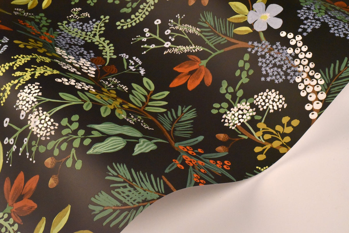 Juniper Forest Black Premium Peel & Stick Wallpaper with Botanical Woodland Motif - York PSW1198RL