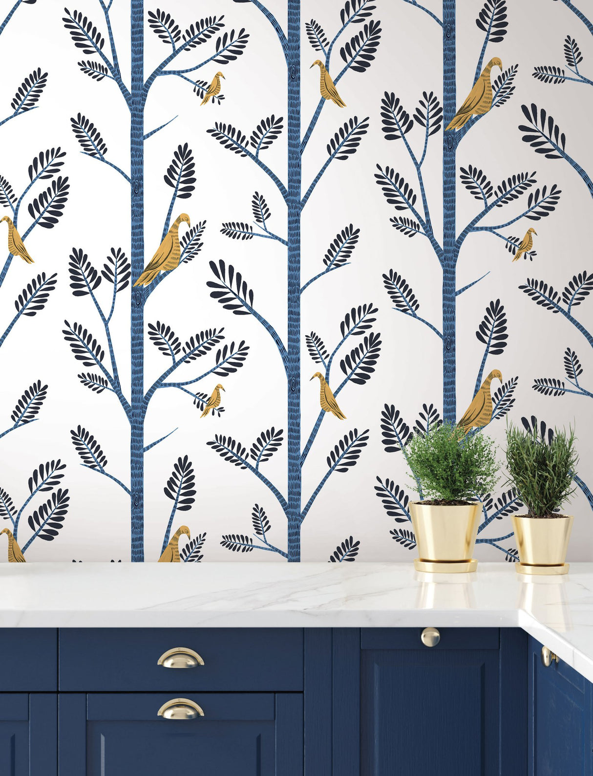 Aviary Branch Blue & Yellow Peel & Stick Wallpaper with Botanical Birds - York PSW1236RL