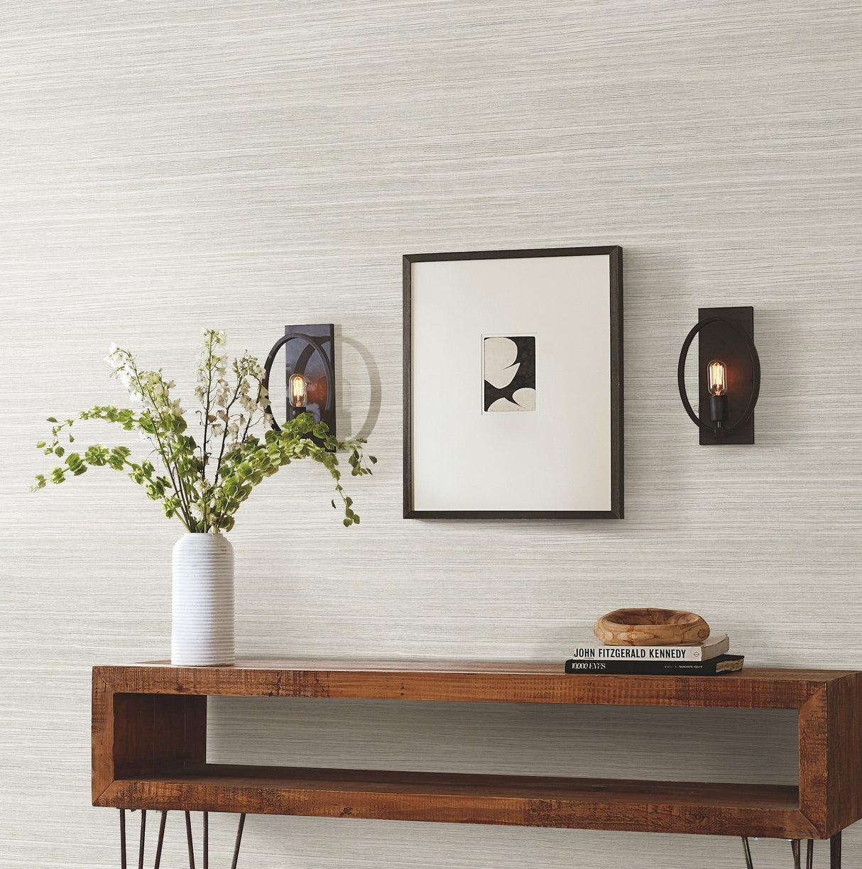 Cattail Weave White Peel & Stick Wallpaper with Woven Grasscloth Motif - York PSW1279RL