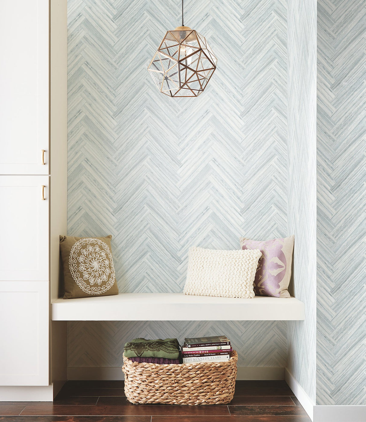 Hermosa Herringbone Blue Peel & Stick Wallpaper with Weathered Wood Chevron Pattern - York PSW1289RL