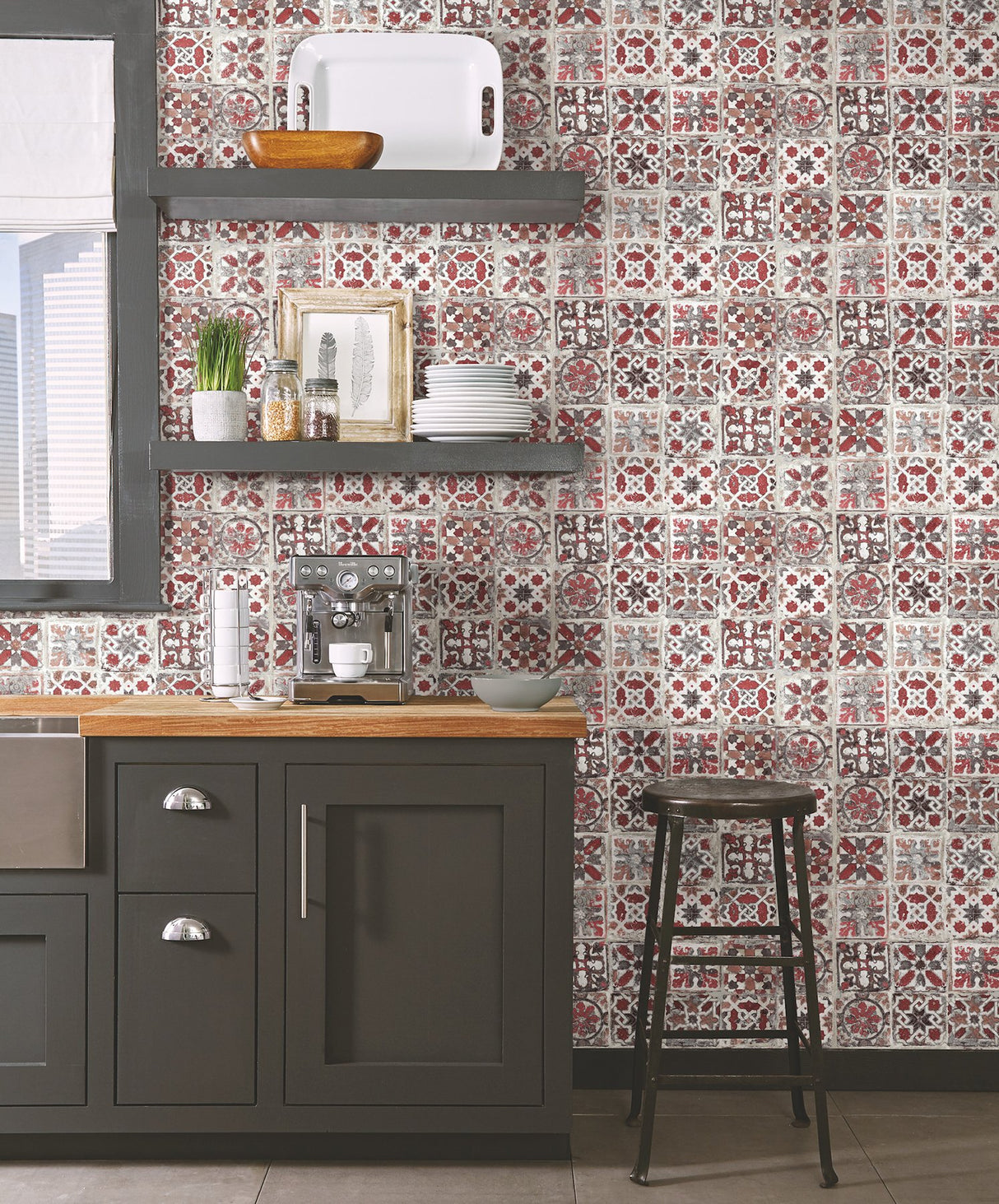 Encaustic Tile Red Peel & Stick Wallpaper with Brick, Wood & Stone Motif - York PSW1300RL