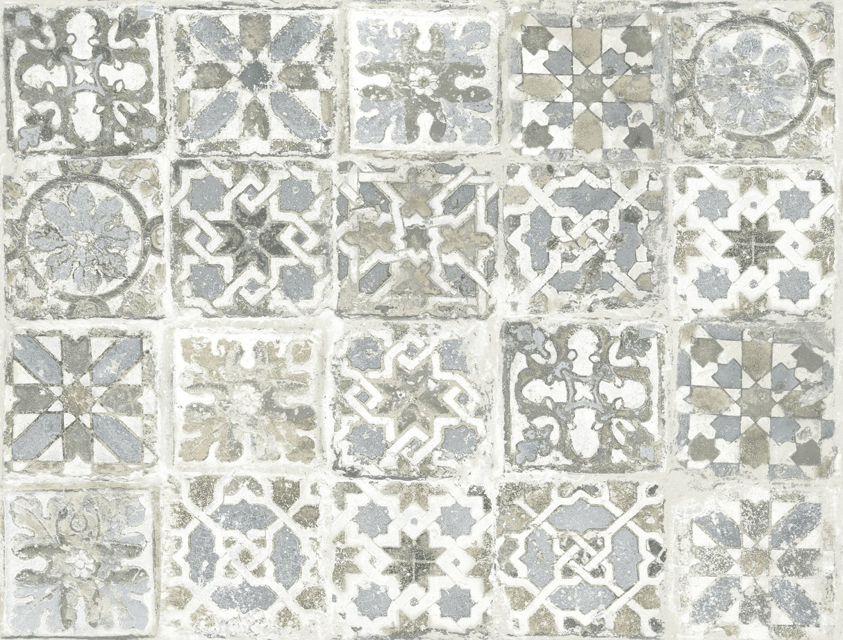 Encaustic Tile Grey Peel & Stick Wallpaper with Vintage Tile Pattern - York PSW1301RL