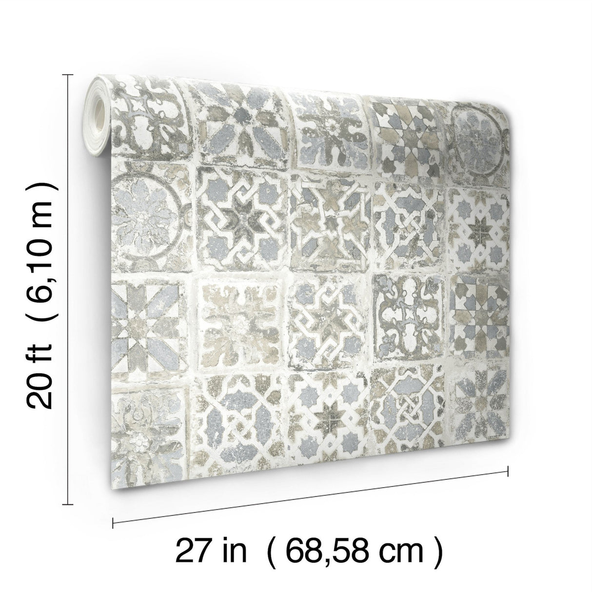 Encaustic Tile Grey Peel & Stick Wallpaper with Vintage Tile Pattern - York PSW1301RL