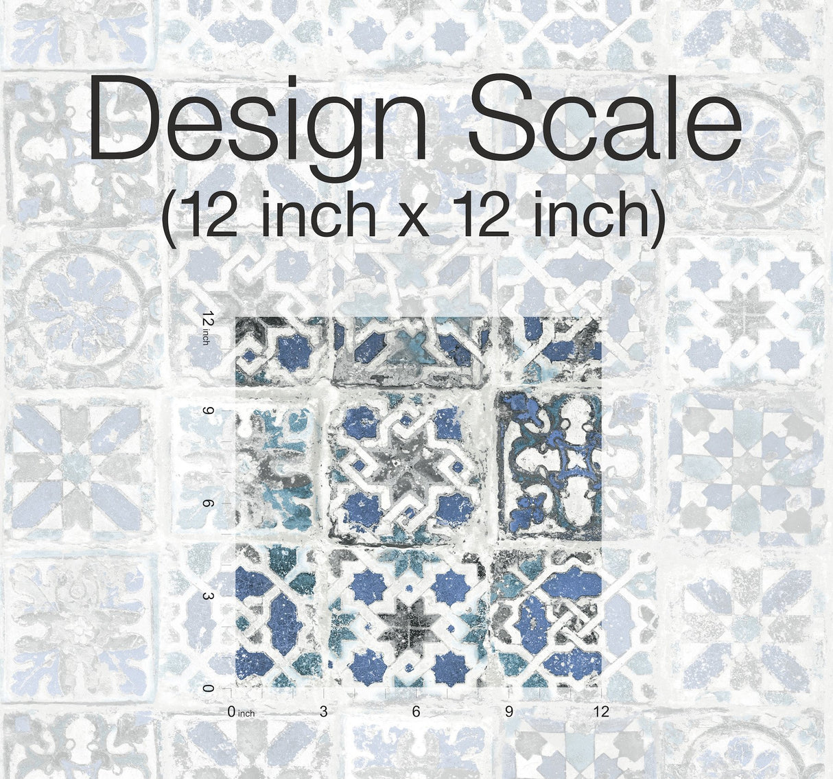 Encaustic Tile Blue Peel & Stick Wallpaper with Weathered Tile Motif - York PSW1302RL