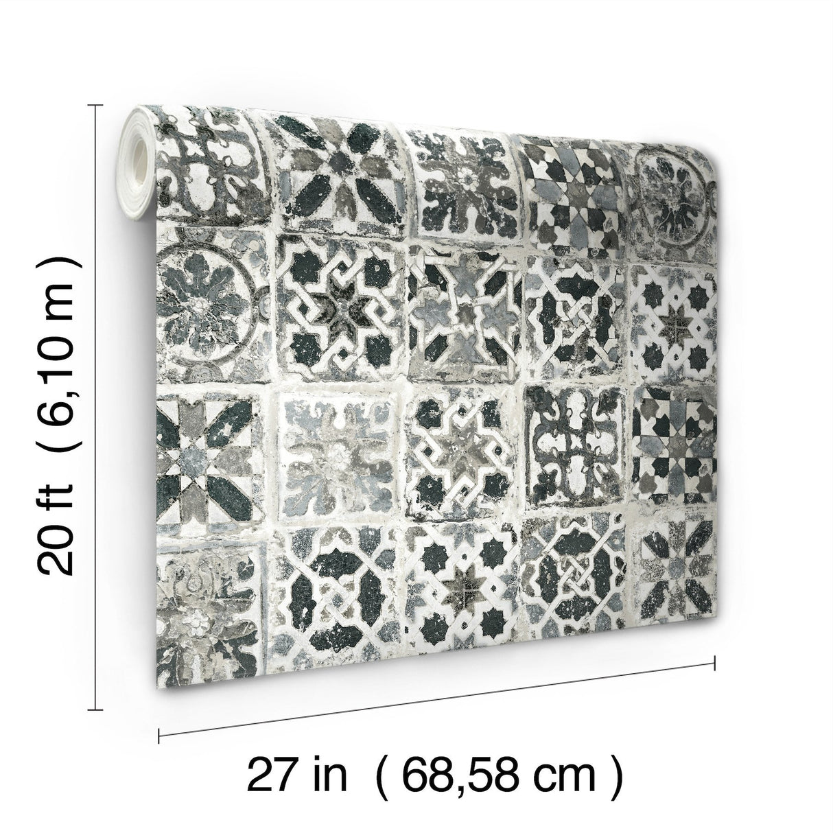 Encaustic Tile Black Peel & Stick Wallpaper with Stone-Look Geometric Pattern - York PSW1303RL