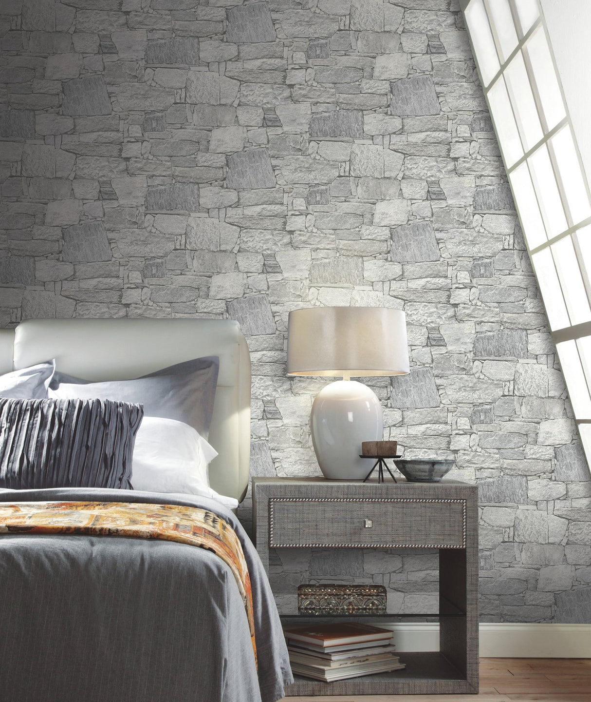 Chateau Stone Grey Peel & Stick Wallpaper with Field Stone Motif - York PSW1308RL