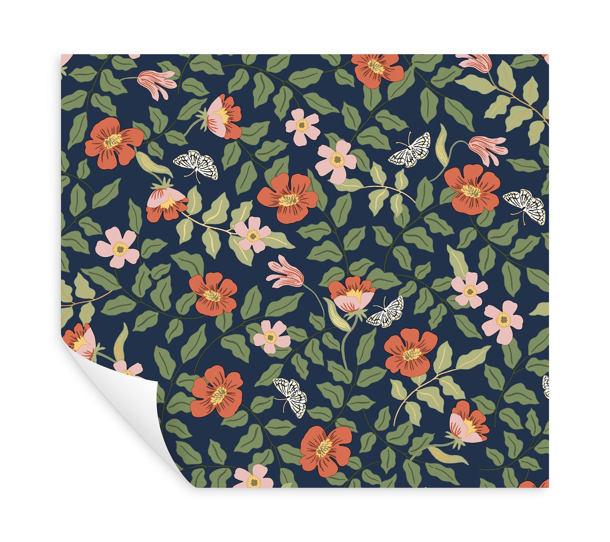 Primrose Rose & Navy Peel & Stick Wallpaper with Floral and Butterfly Motif - York PSW1314RL