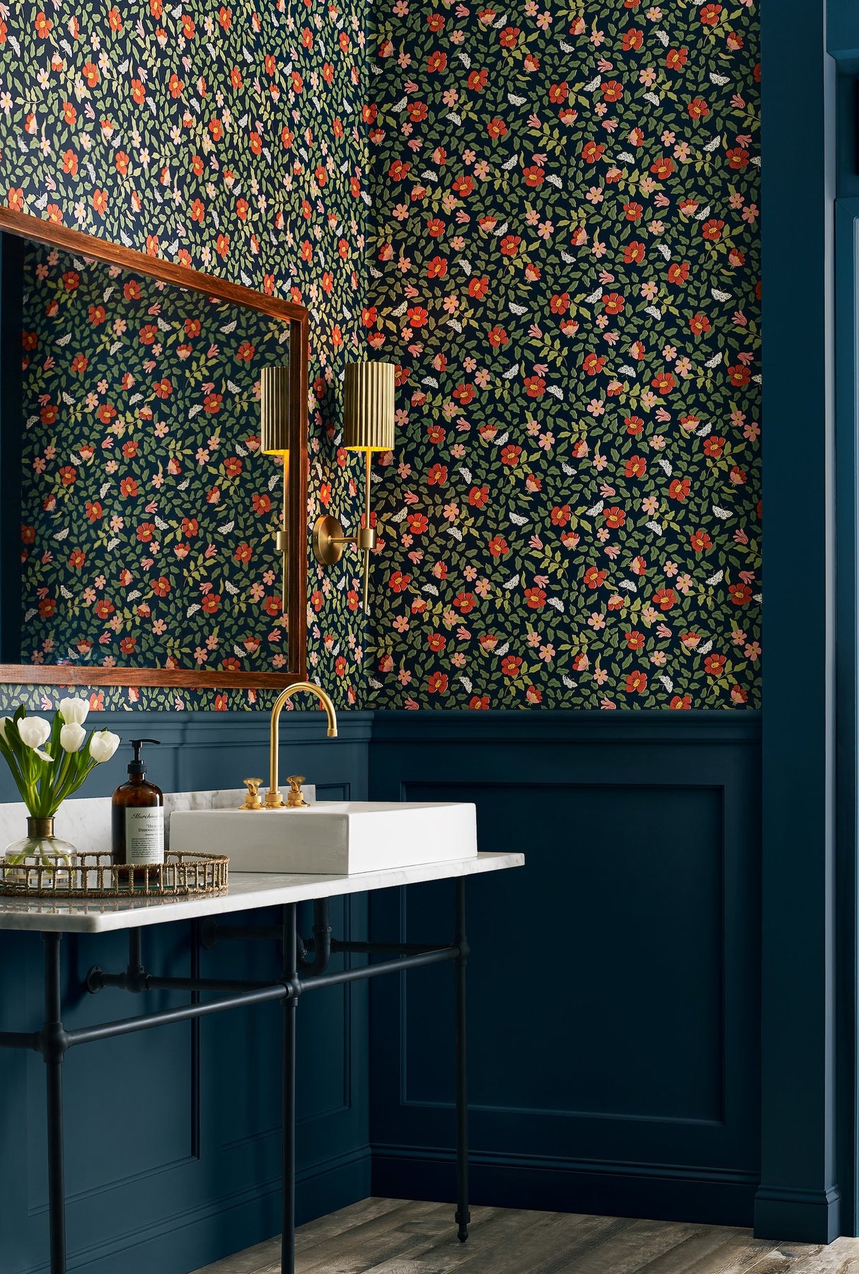 Primrose Rose & Navy Peel & Stick Wallpaper with Floral and Butterfly Motif - York PSW1314RL