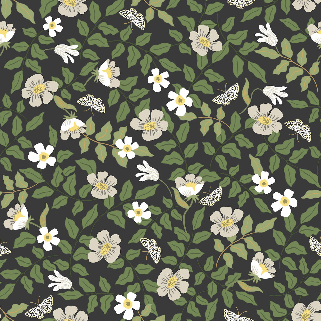 Primrose Off White & Black Peel & Stick Wallpaper with Floral and Butterfly Motif - York PSW1315RL