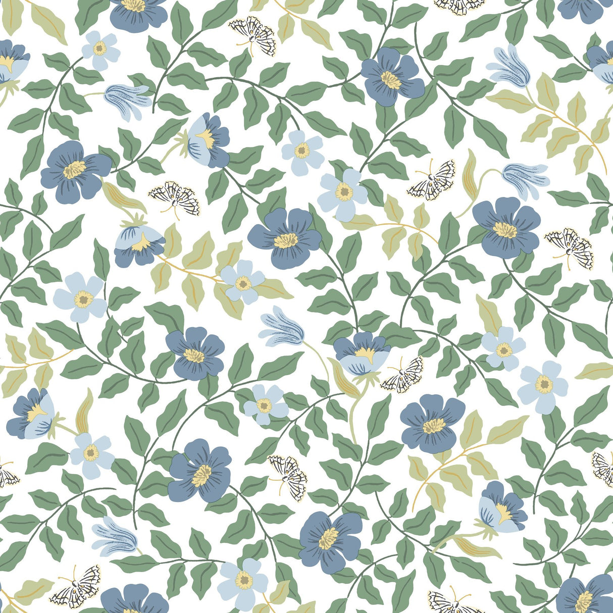 Primrose Blue & White Peel & Stick Wallpaper with Floral and Butterfly Motif - York PSW1316RL