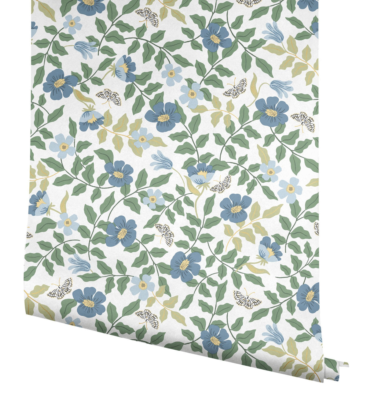Primrose Blue & White Peel & Stick Wallpaper with Floral and Butterfly Motif - York PSW1316RL