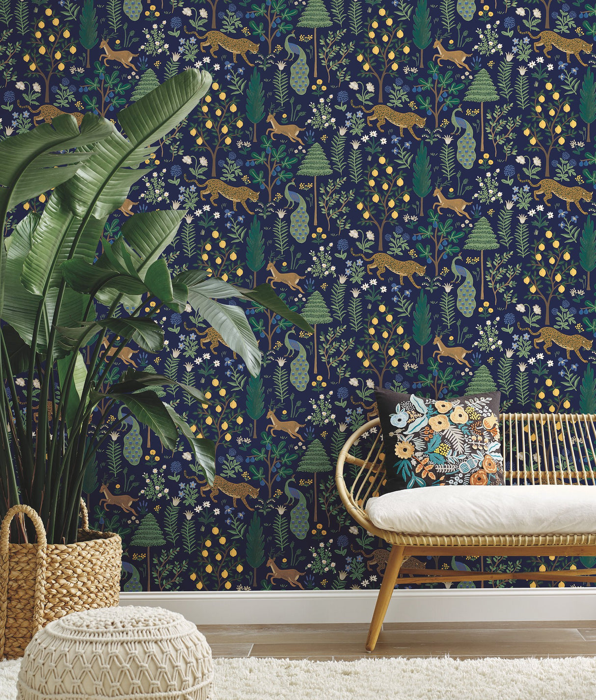 Menagerie Blue Peel & Stick Wallpaper with Illustrated Animal and Botanical Motif - York PSW1323RL