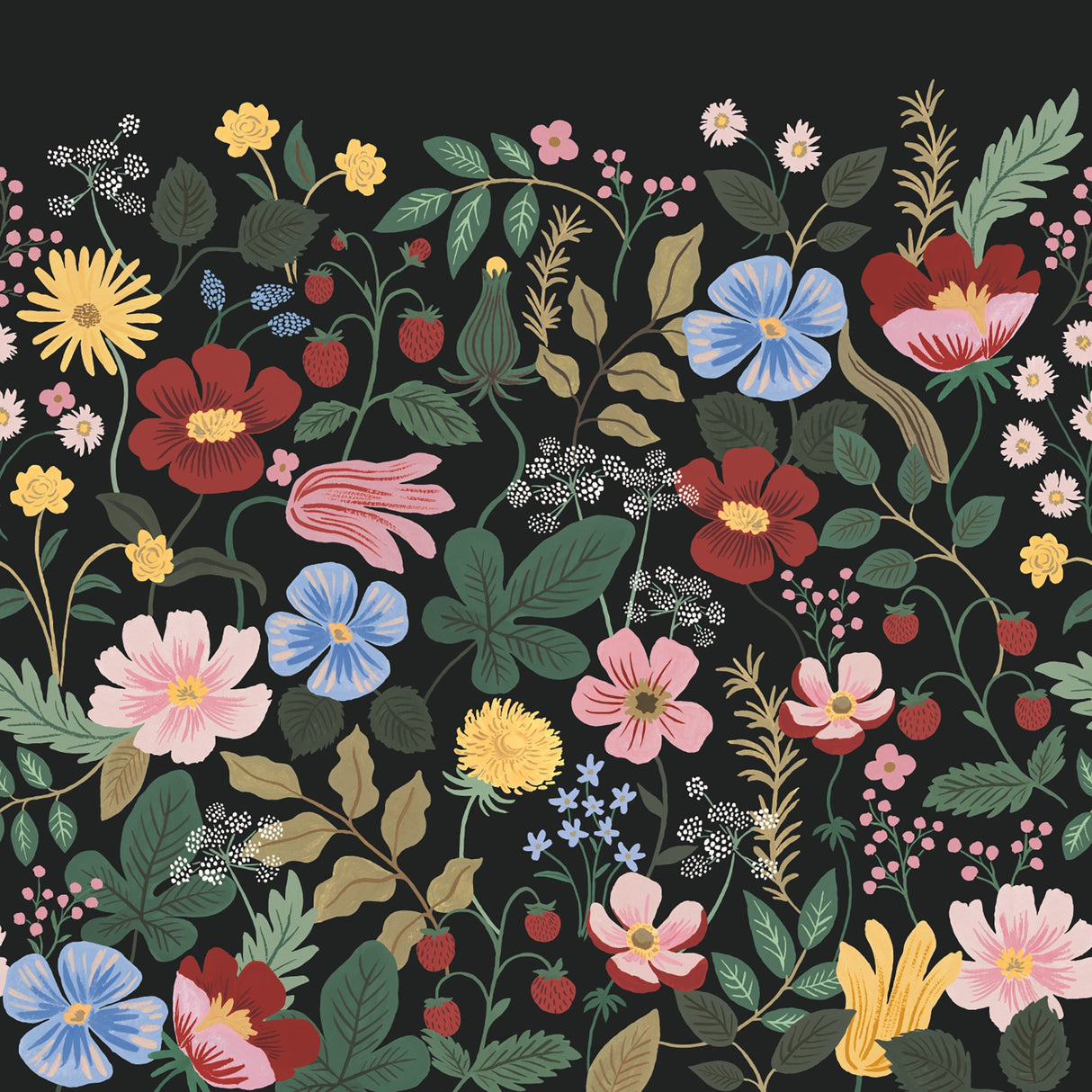 Strawberry Fields Black Peel & Stick Wall Mural with Whimsical Floral Pattern - York PSW1333M