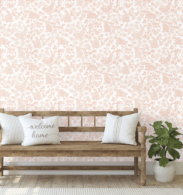 Botanical Bunnies Pink Peel & Stick Wallpaper with Matte Non-Woven Finish - York PSW1343RL