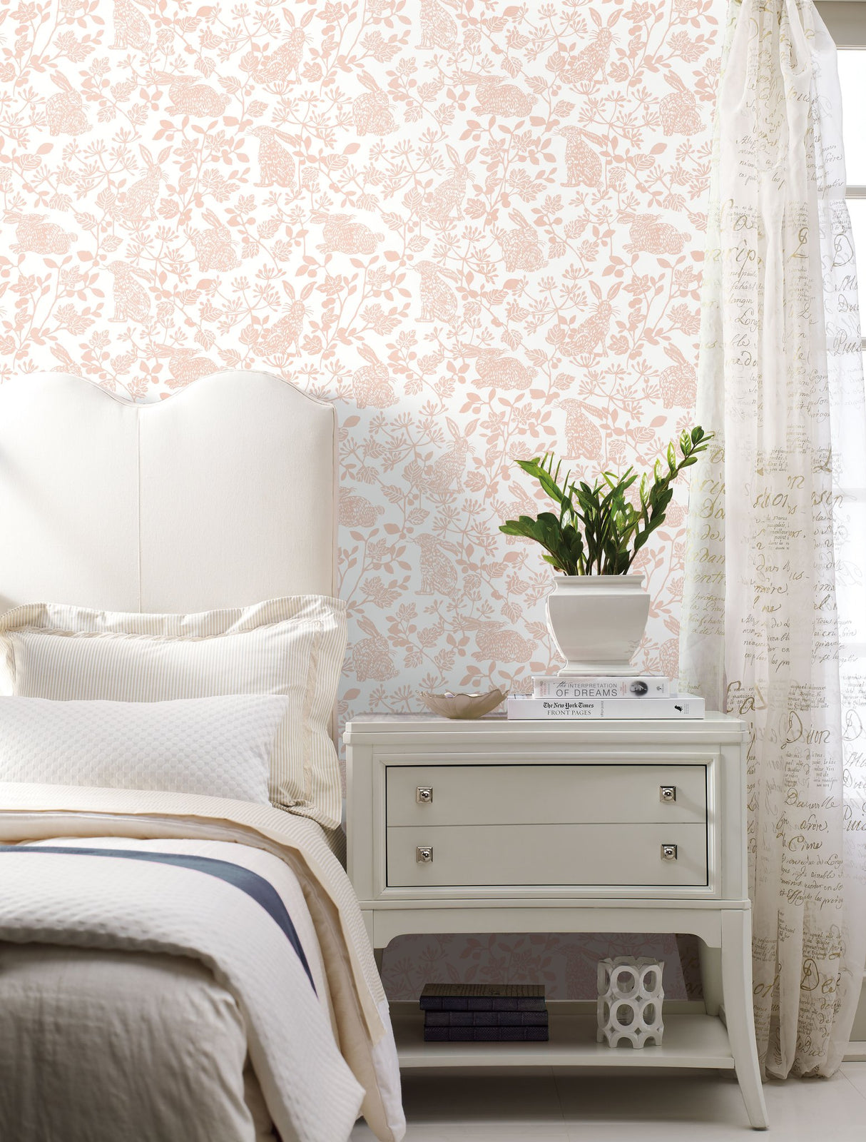 Botanical Bunnies Pink Peel & Stick Wallpaper with Matte Non-Woven Finish - York PSW1343RL