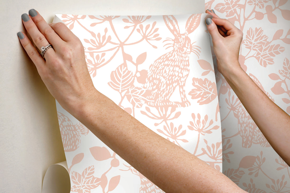 Botanical Bunnies Pink Peel & Stick Wallpaper with Matte Non-Woven Finish - York PSW1343RL