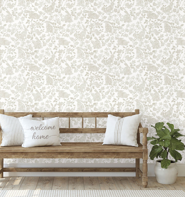 Botanical Bunnies Beige Peel & Stick Wallpaper with Animals Pattern, Matte Non Woven - York PSW1344RL