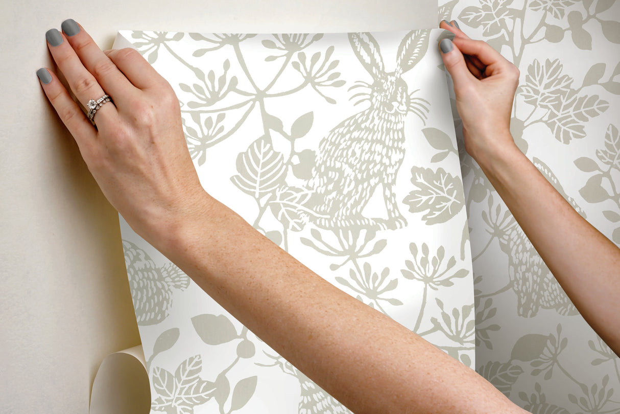 Botanical Bunnies Beige Peel & Stick Wallpaper with Animals Pattern, Matte Non Woven - York PSW1344RL