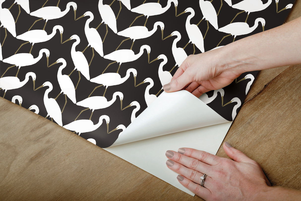 Elegant Birds Black & Gold Metallic Peel & Stick Wallpaper with Metallic Egrets Motif - York PSW1345RL