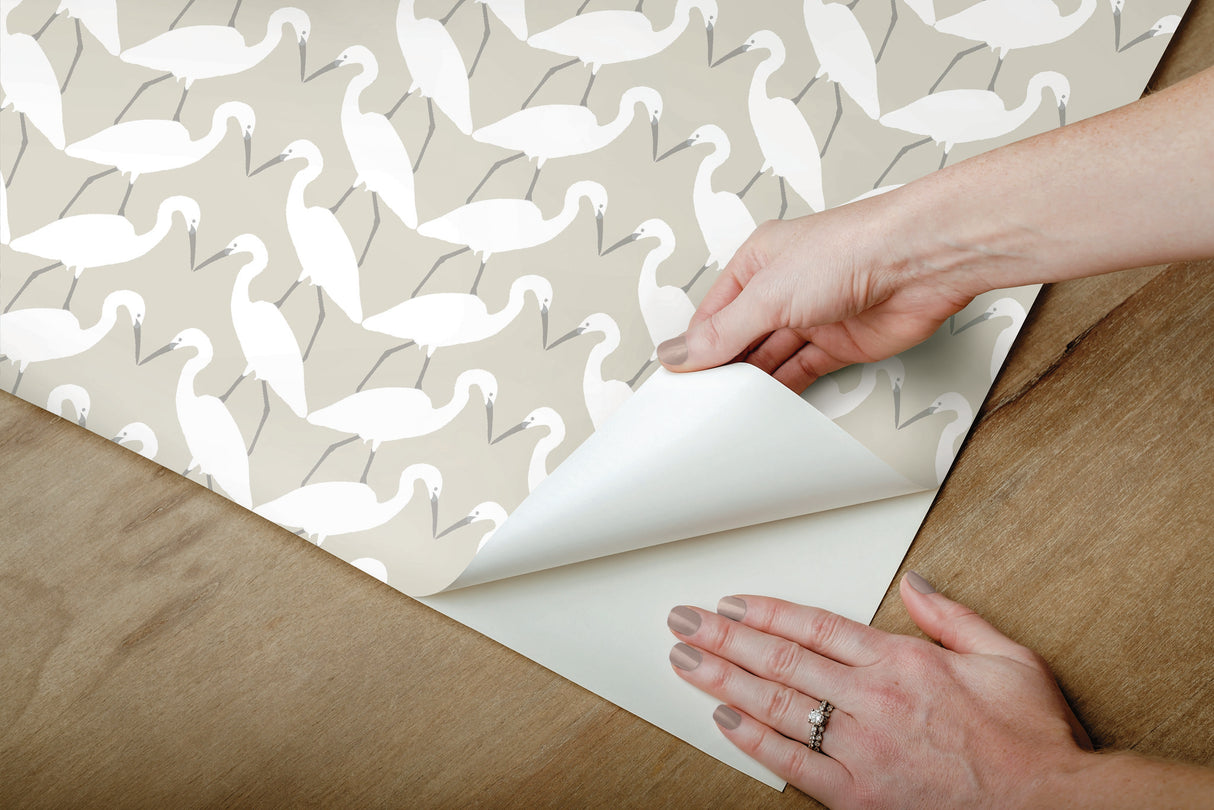 Elegant Birds Beige Peel & Stick Wallpaper with Silhouetted Egret Motif - York PSW1346RL