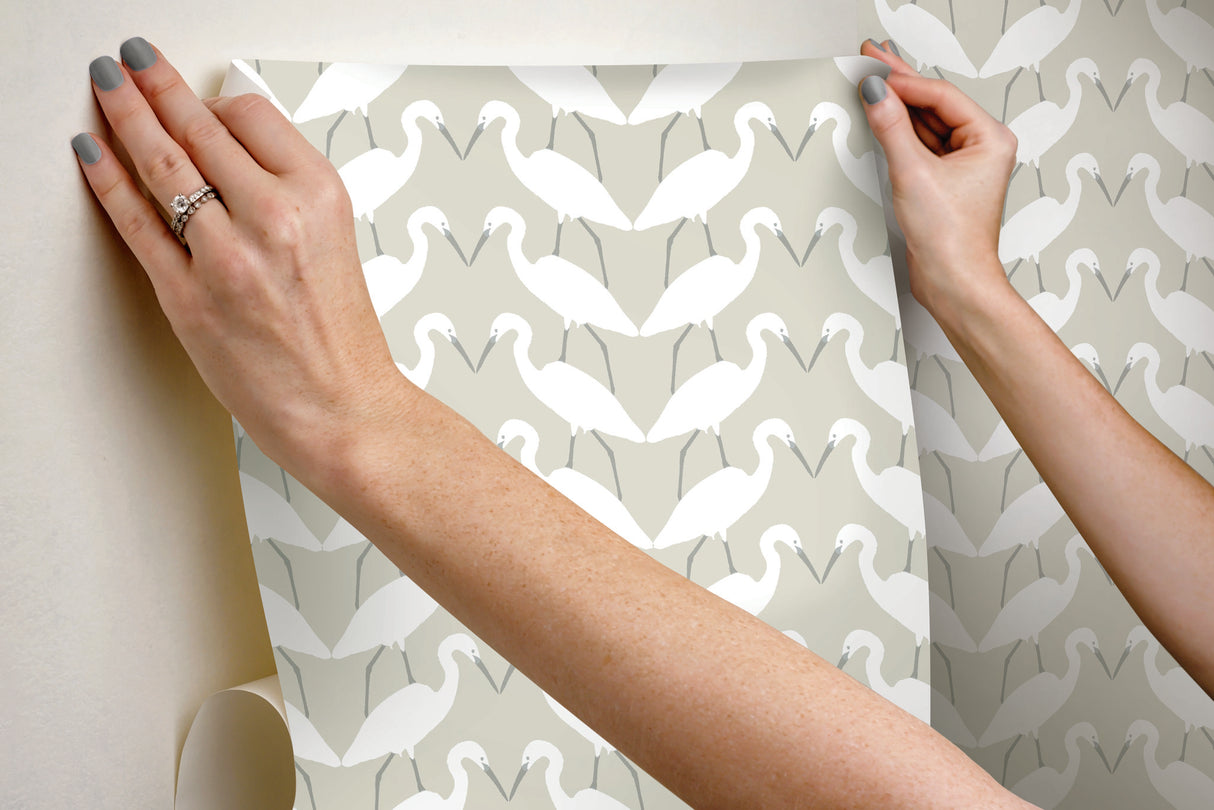 Elegant Birds Beige Peel & Stick Wallpaper with Silhouetted Egret Motif - York PSW1346RL
