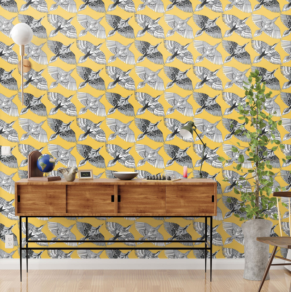 Feather Flight Yellow Peel & Stick Wallpaper with Graphic Birds Motif - York PSW1350RL